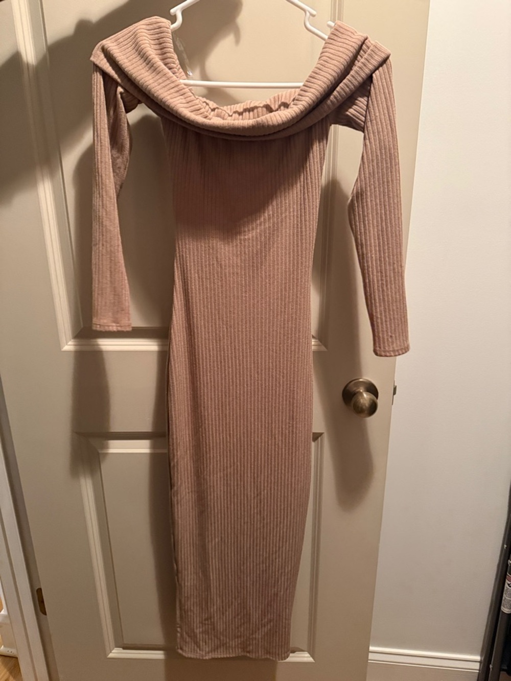 Windsor Ribbed Off-Shoulder Long Sleeve Maxi Dress in Blush